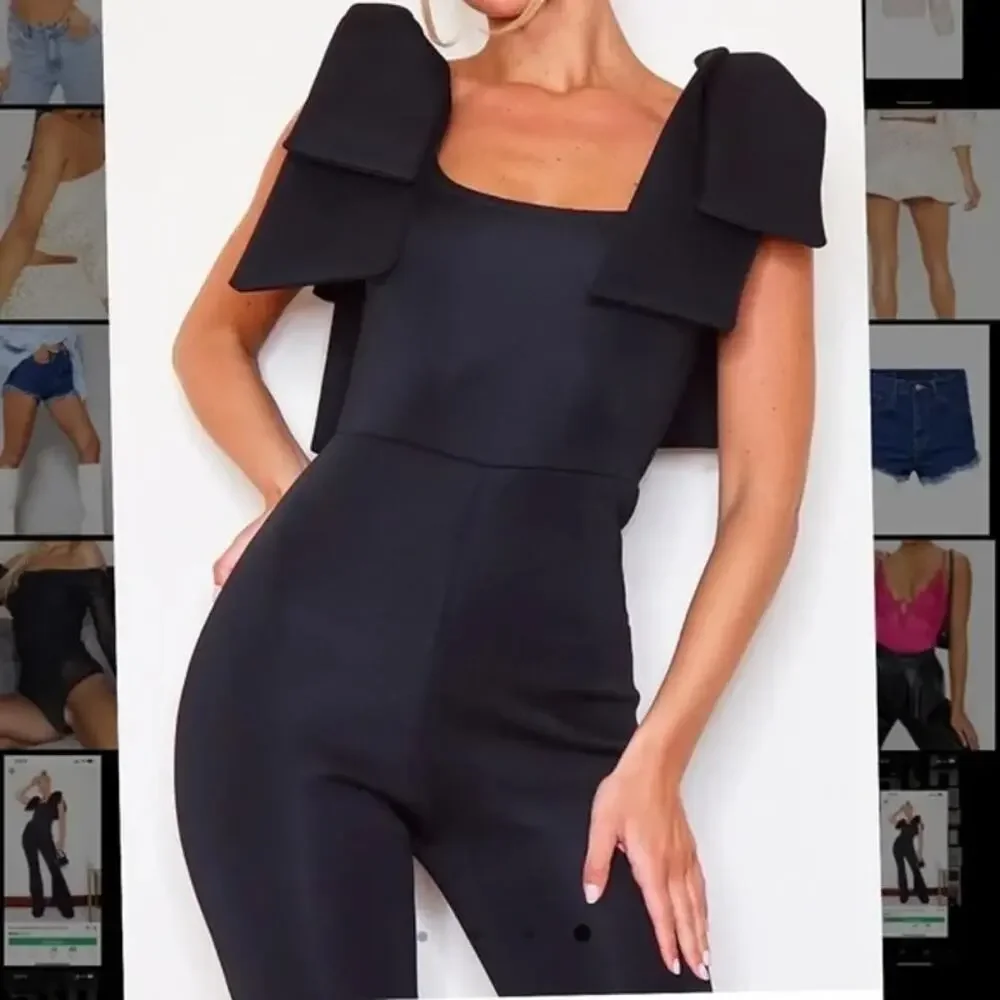 NEW PrettyLittleThing Black Bow Shoulder Flared Leg Scuba Jumpsuit size 12